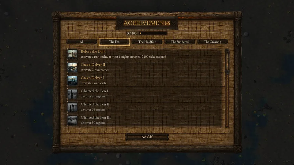 The Achievements screen, The Fen tab: Before the Dark, Grave-Delver II and Grave-Delver I lit