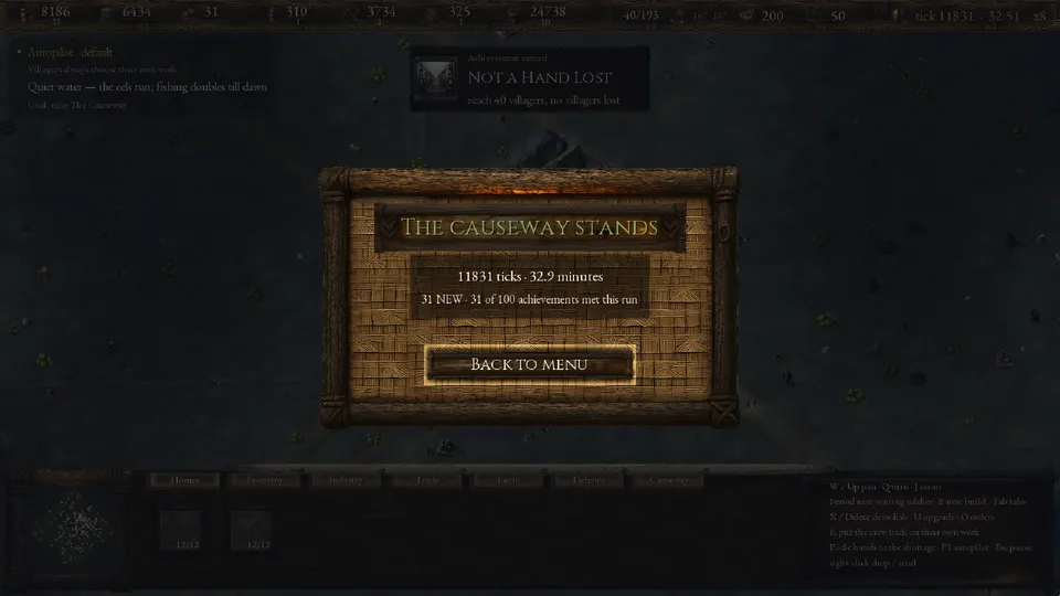 The end screen: The Causeway Stands, 11831 ticks, 32.9 minutes, 31 new