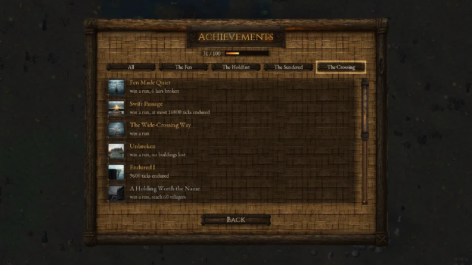 The Achievements screen on The Crossing: Fen Made Quiet, Swift Passage, The Wide-Crossing Way and Unbroken lit