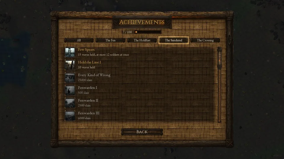 The Achievements screen, The Sundered tab: Few Spears and Held the Line I lit