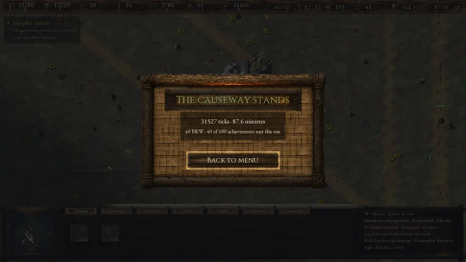 The end screen: The Causeway Stands, 31527 ticks, 87.6 minutes, 40 new