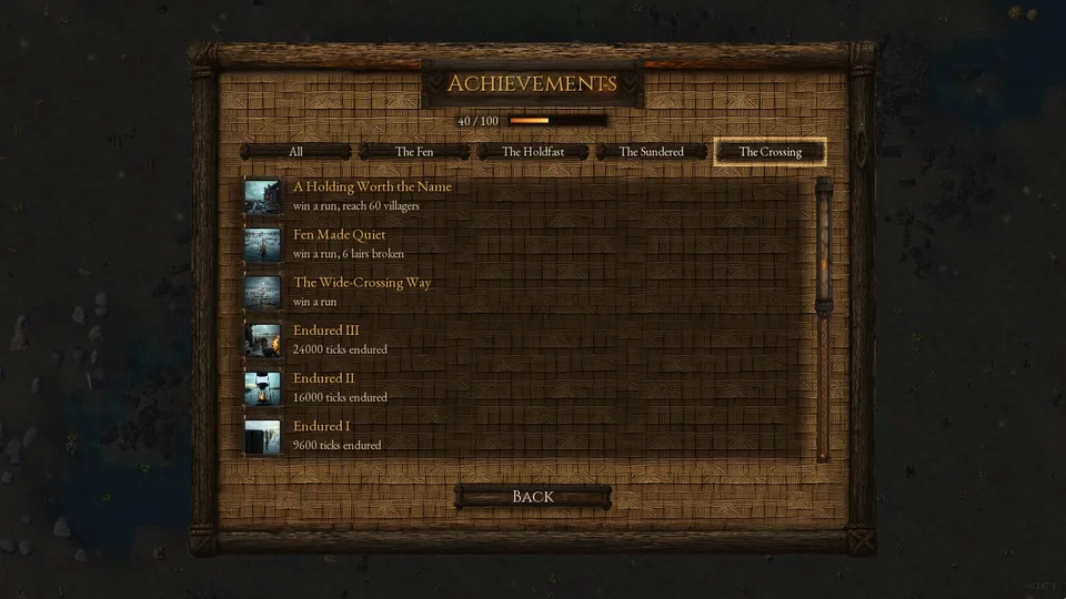 The Achievements screen, The Crossing tab: A Holding Worth the Name, Fen Made Quiet and The Wide-Crossing Way lit