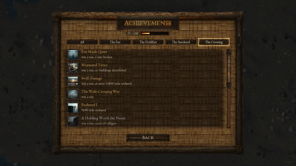 The Achievements screen, The Crossing tab: Measured Twice lit