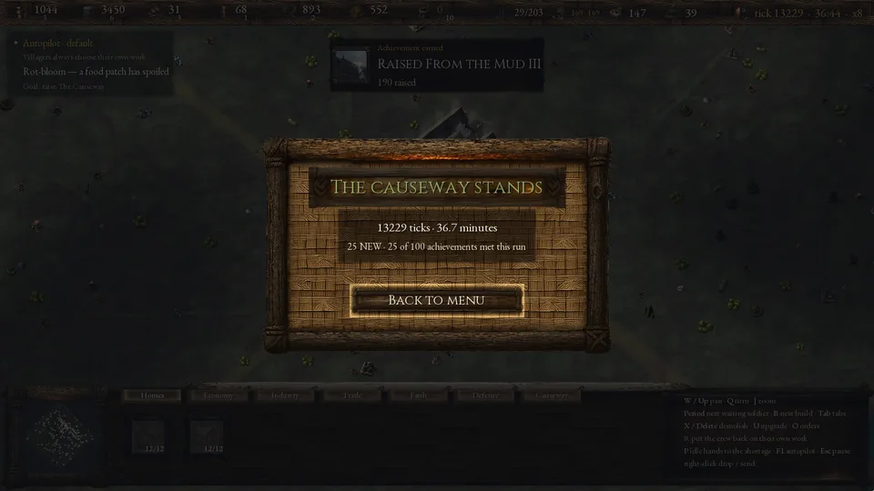 The end screen: The Causeway Stands, 13229 ticks, 36.7 minutes, 25 new