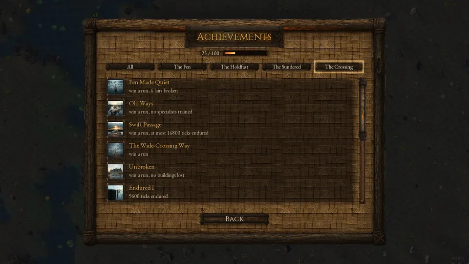 The Achievements screen, The Crossing tab: Fen Made Quiet, Old Ways, Swift Passage, The Wide-Crossing Way and Unbroken lit