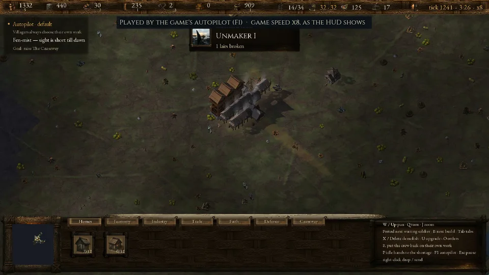 Seed 7 at tick 1241, 3:26, x8: the Unmaker I notice, 1 lairs broken
