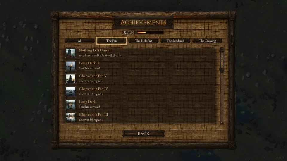 The Achievements screen, The Fen tab: Nothing Left Unseen lit at the top