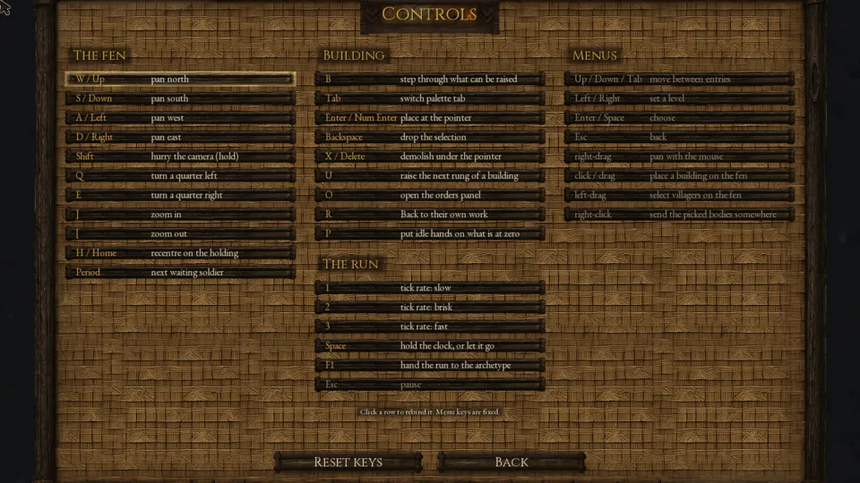 The Controls page in four groups: The fen, Building, The run, Menus