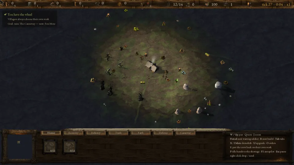 The first seconds of a run: the Holdfast in a small clearing of revealed fen, the build palette below
