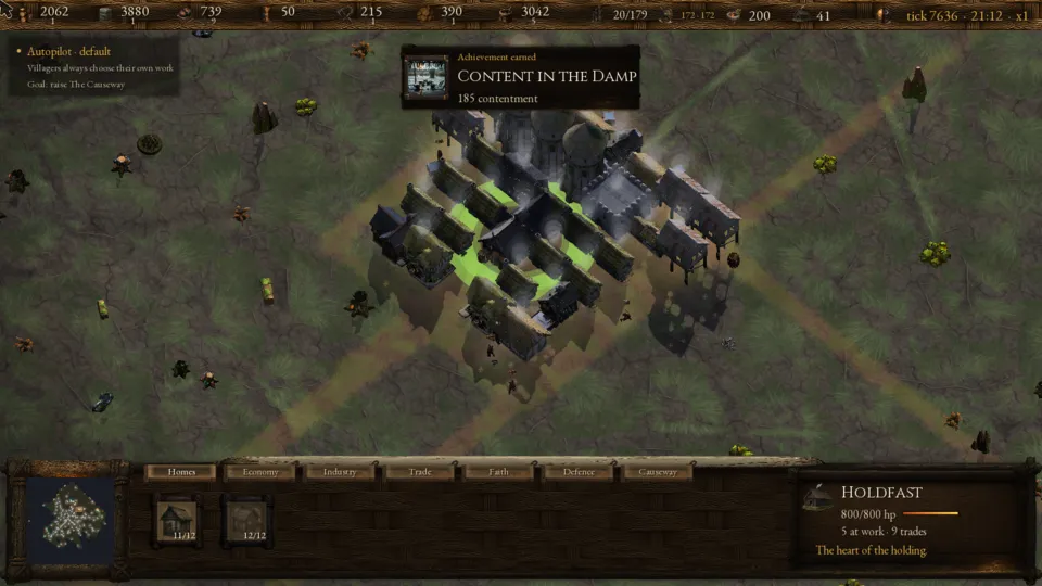 A settlement of about thirty buildings at tick 7636, with the Holdfast selected and an achievement banner