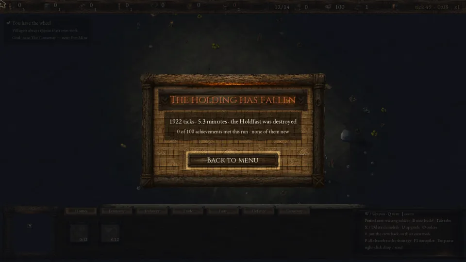 The end screen: The Holding Has Fallen, 1922 ticks, the Holdfast was destroyed