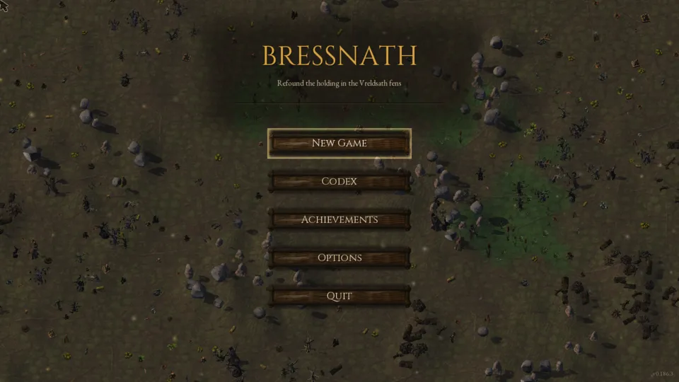 The title menu: New Game, Codex, Achievements, Options, Quit
