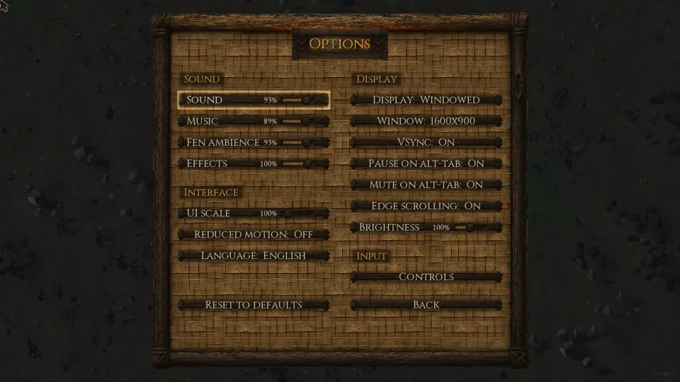 The Options screen: Sound, Interface, Display and Input sections