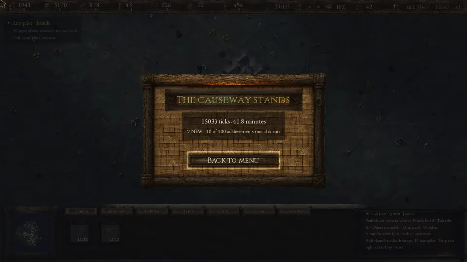 The end screen: The Causeway Stands, 15033 ticks, 41.8 minutes, 9 new achievements