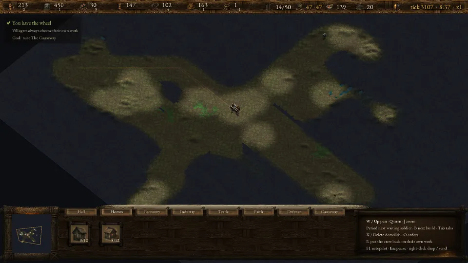 The fen zoomed out: only the ground the settlement has walked is drawn, the rest is dark