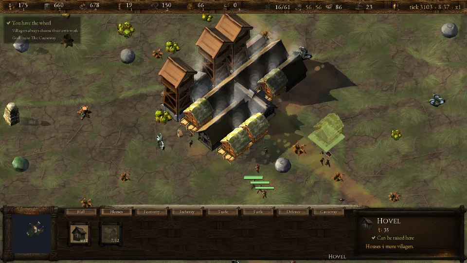 A Hovel foundation placed beside a row of houses, with its cost in the info panel