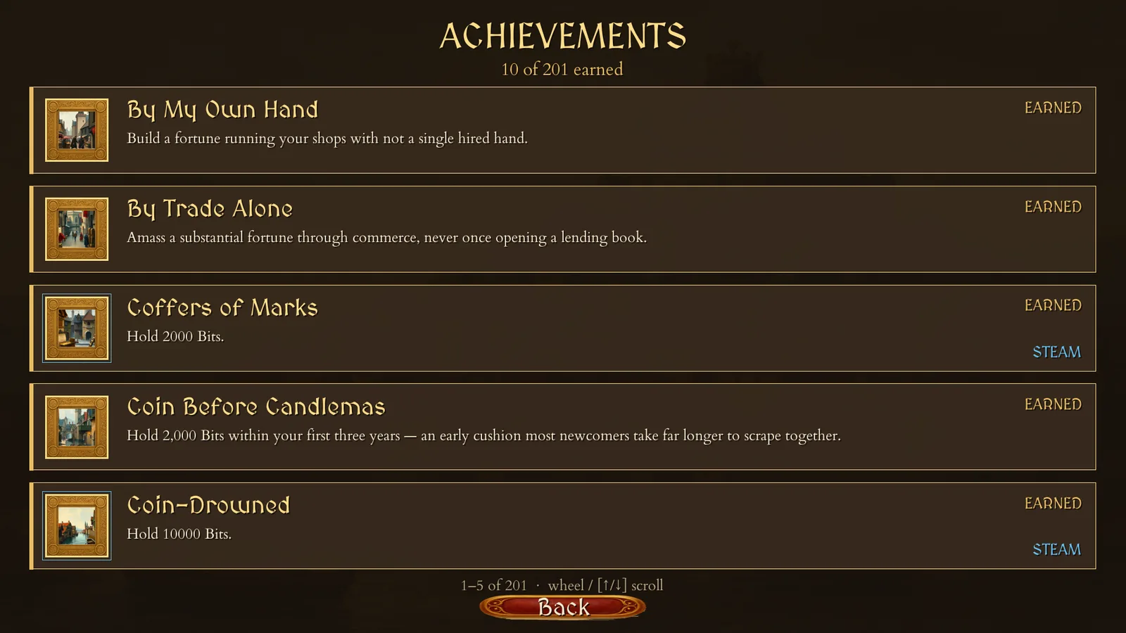 The in-game achievements list with earned and Steam-linked entries