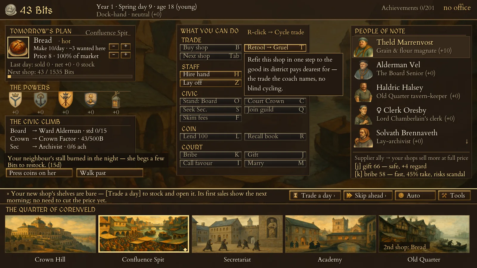 Day 9: a Bakery in Confluence Spit, with the Retool to wanted button showing its tooltip