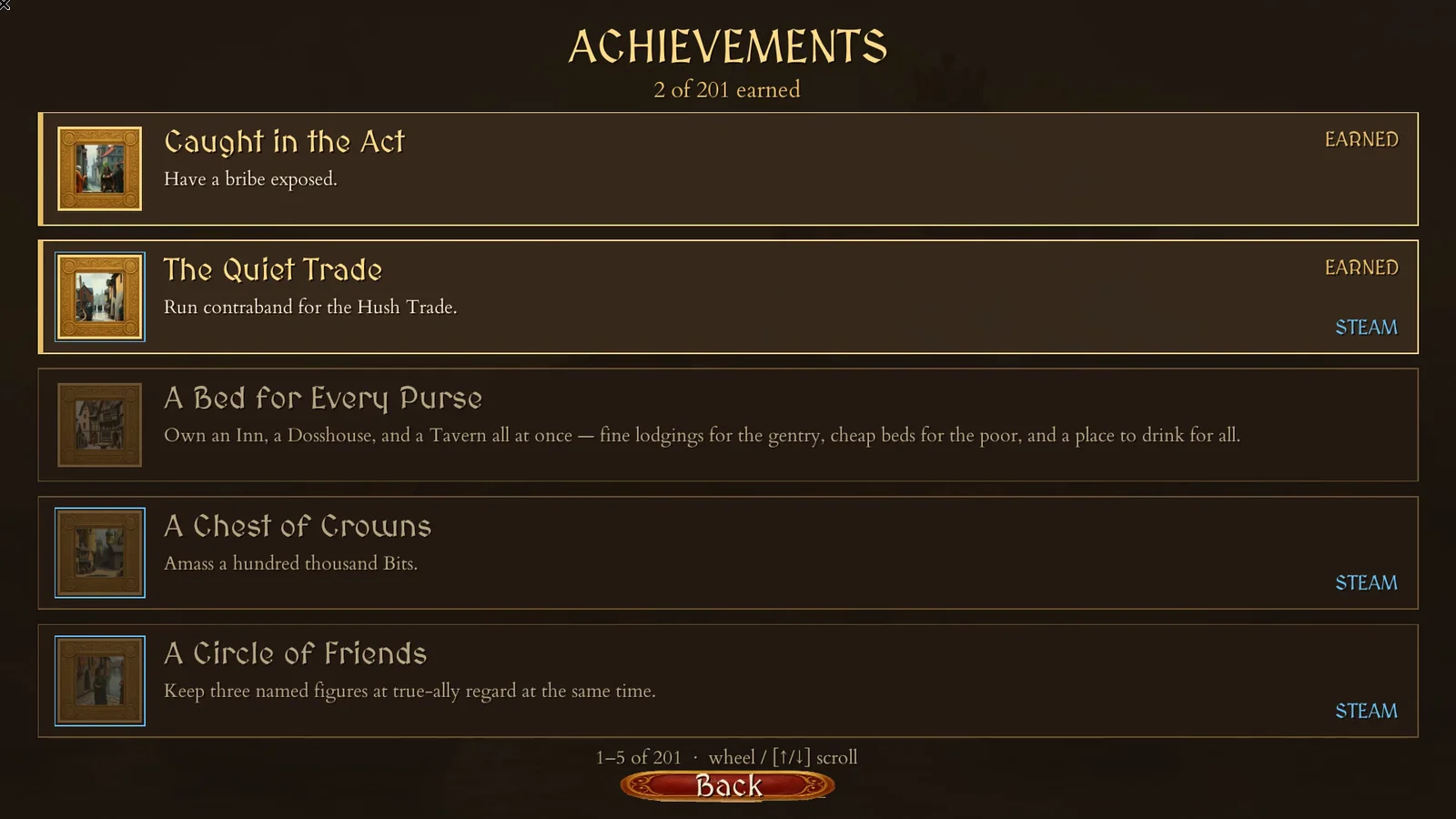 Achievements screen with The Quiet Trade earned