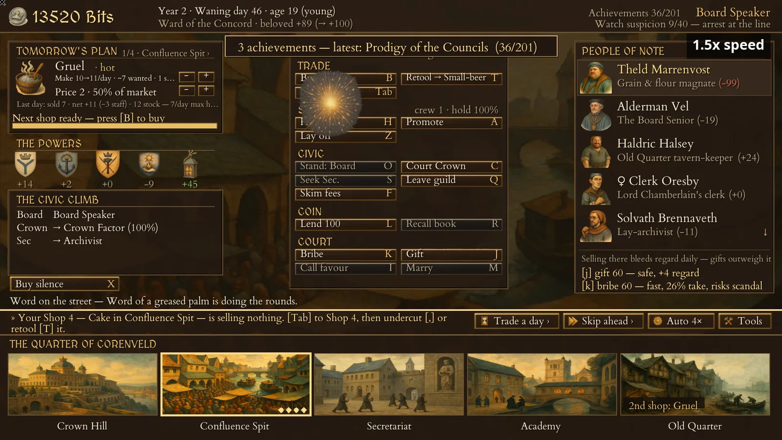 Play screen with Board Speaker in the corner and a three-achievement notice