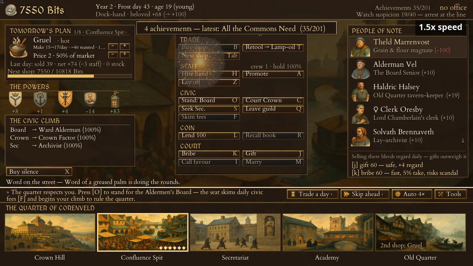 Play screen with eight shops and a four-achievement notice
