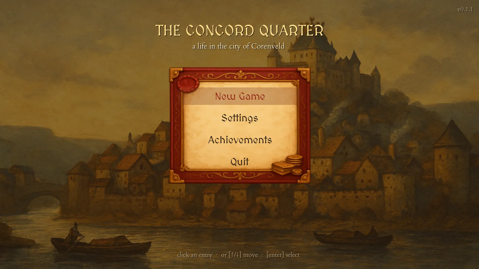 The Concord Quarter main menu: New Game, Settings, Achievements, Quit