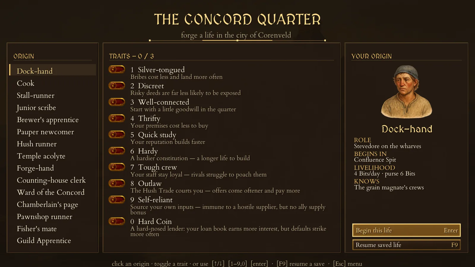 The New Game screen: fifteen origins on the left, ten traits in the middle, the Dock-hand's details on the right