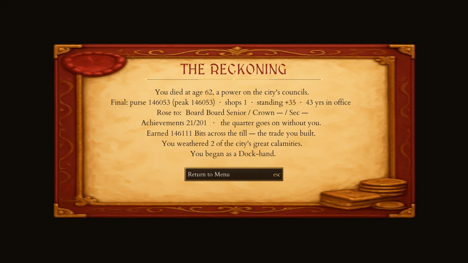 The Reckoning screen: died at age 62, a power on the city's councils