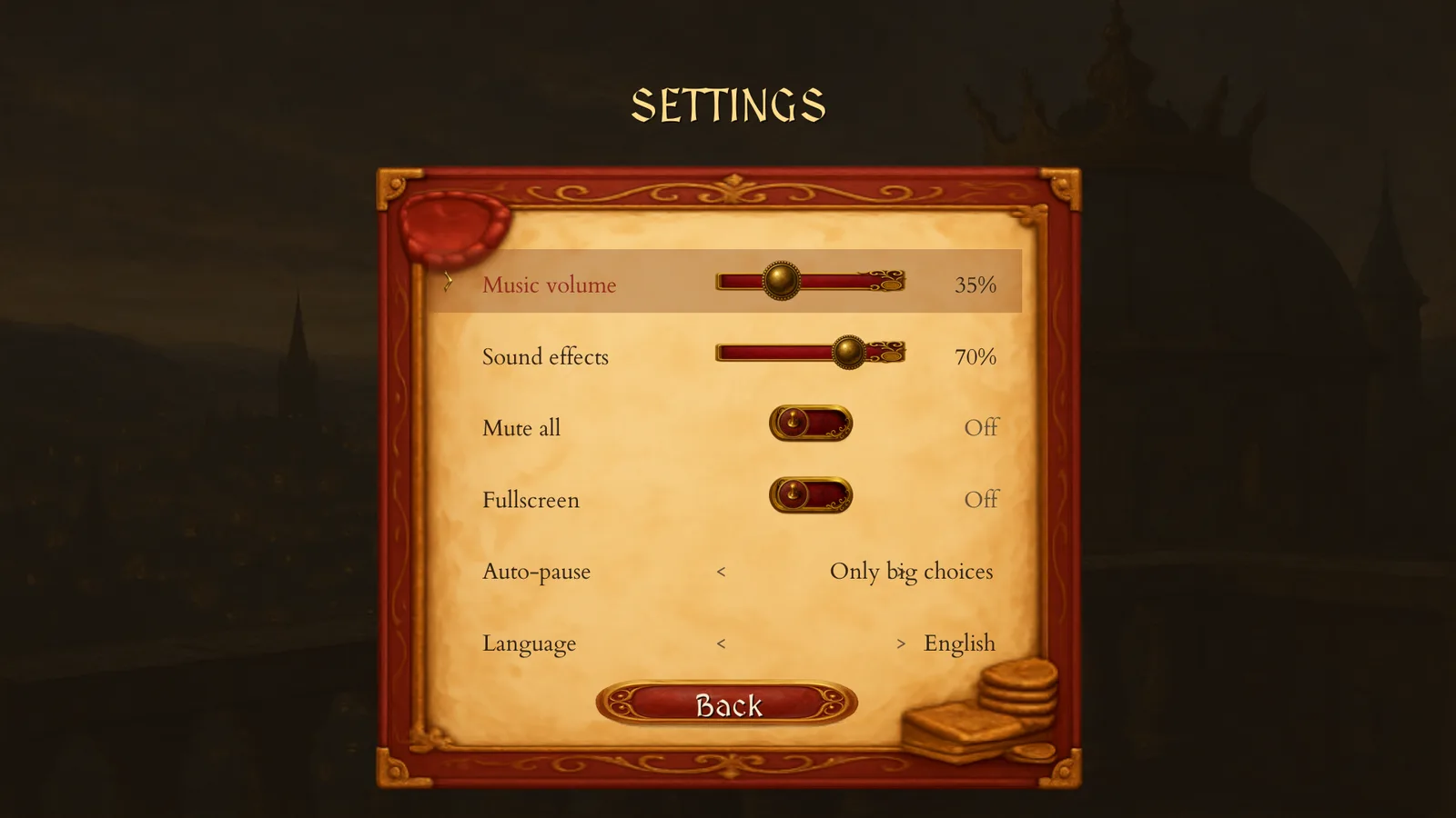 The Settings screen with its seven rows