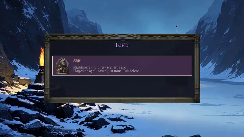 Load screen row: Nightmare · 1 player · scenery 12/31