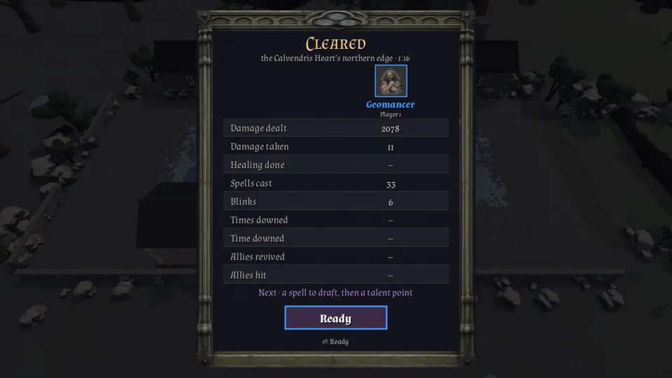 Results screen: Cleared, the Calvendris Heart's northern edge · 1:16