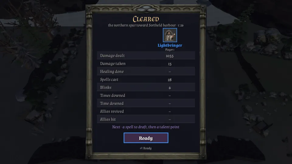 Results screen: Cleared, the northern spur toward Sortheld harbour · 1:26