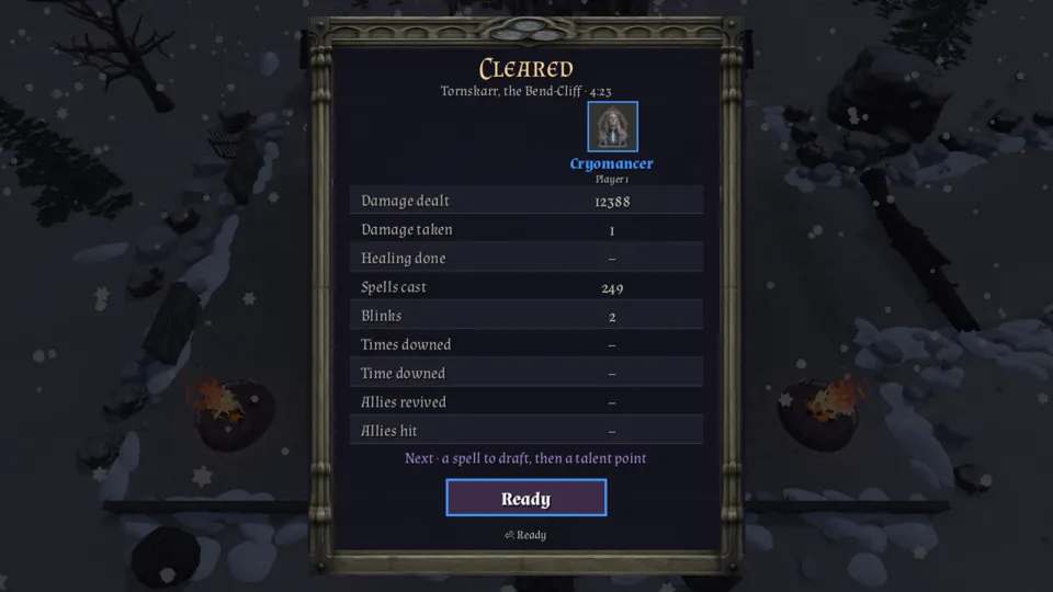 Results screen: Cleared, Tornskarr, the Bend-Cliff · 4:23