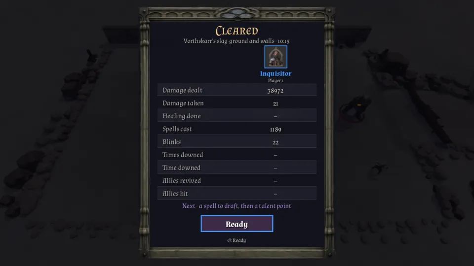 Results screen: Cleared, Vorthskarr's slag-ground and walls · 10:15