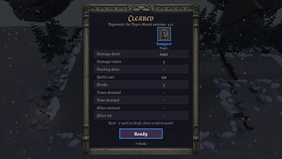 Results screen: Cleared, Thyrnvold, the Thyrn-Mouth narrows · 4:13