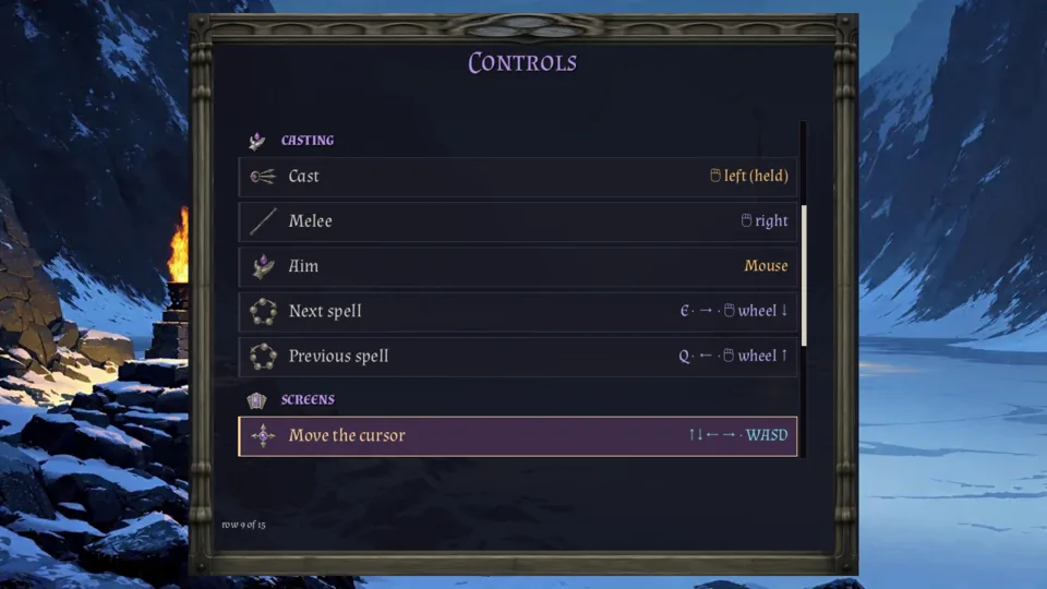 The Controls screen for keyboard and mouse