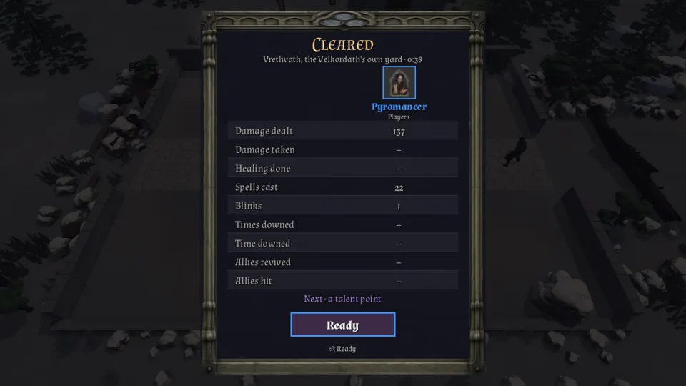 Results screen after the first fight: Cleared, 0:38, damage dealt 137, spells cast 22