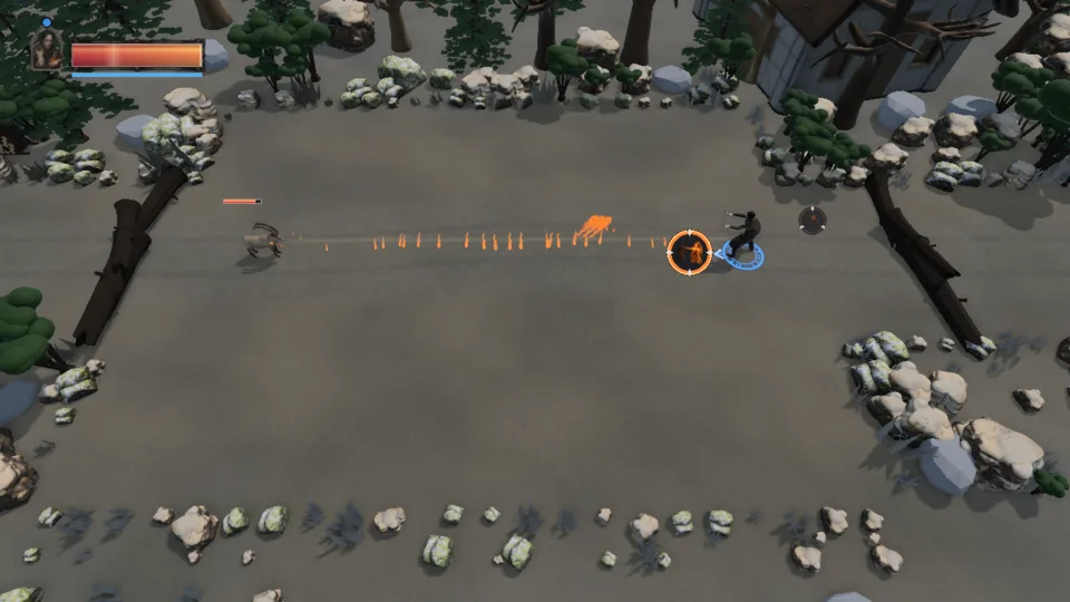 The Pyromancer casting at a creature in the first yard; health bar top left