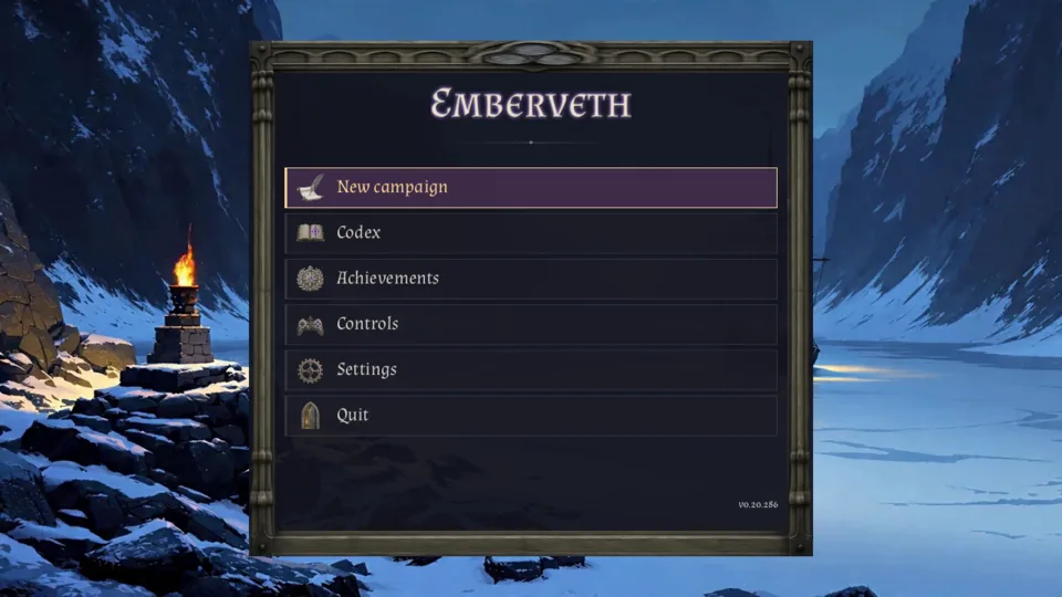 Main menu: New campaign, Codex, Achievements, Controls, Settings, Quit