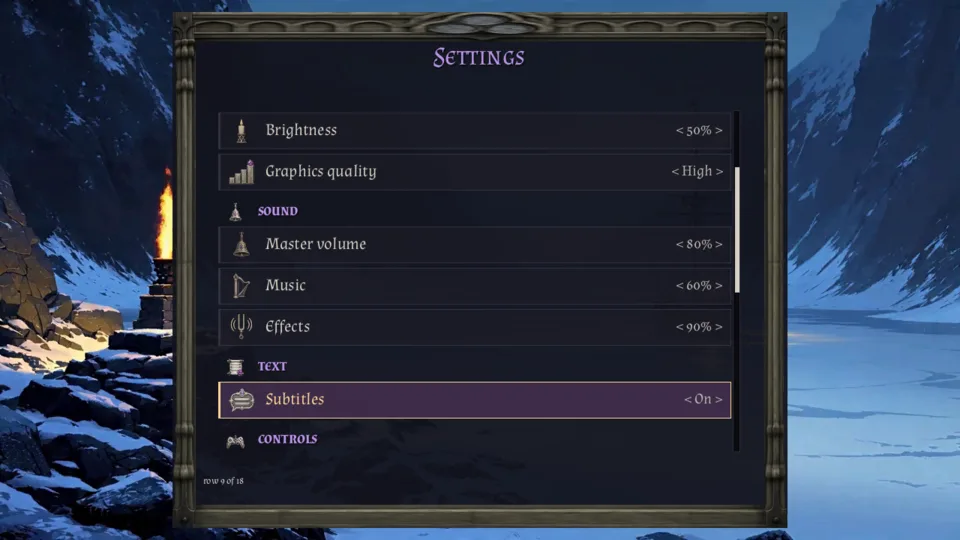 The Settings screen with Display, Sound, Text, Controls and Interface sections