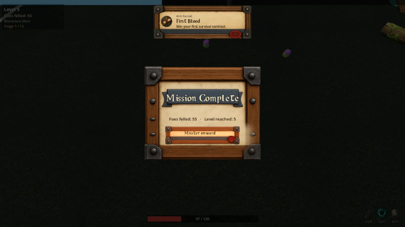 Mission Complete at level 5 with 55 foes felled