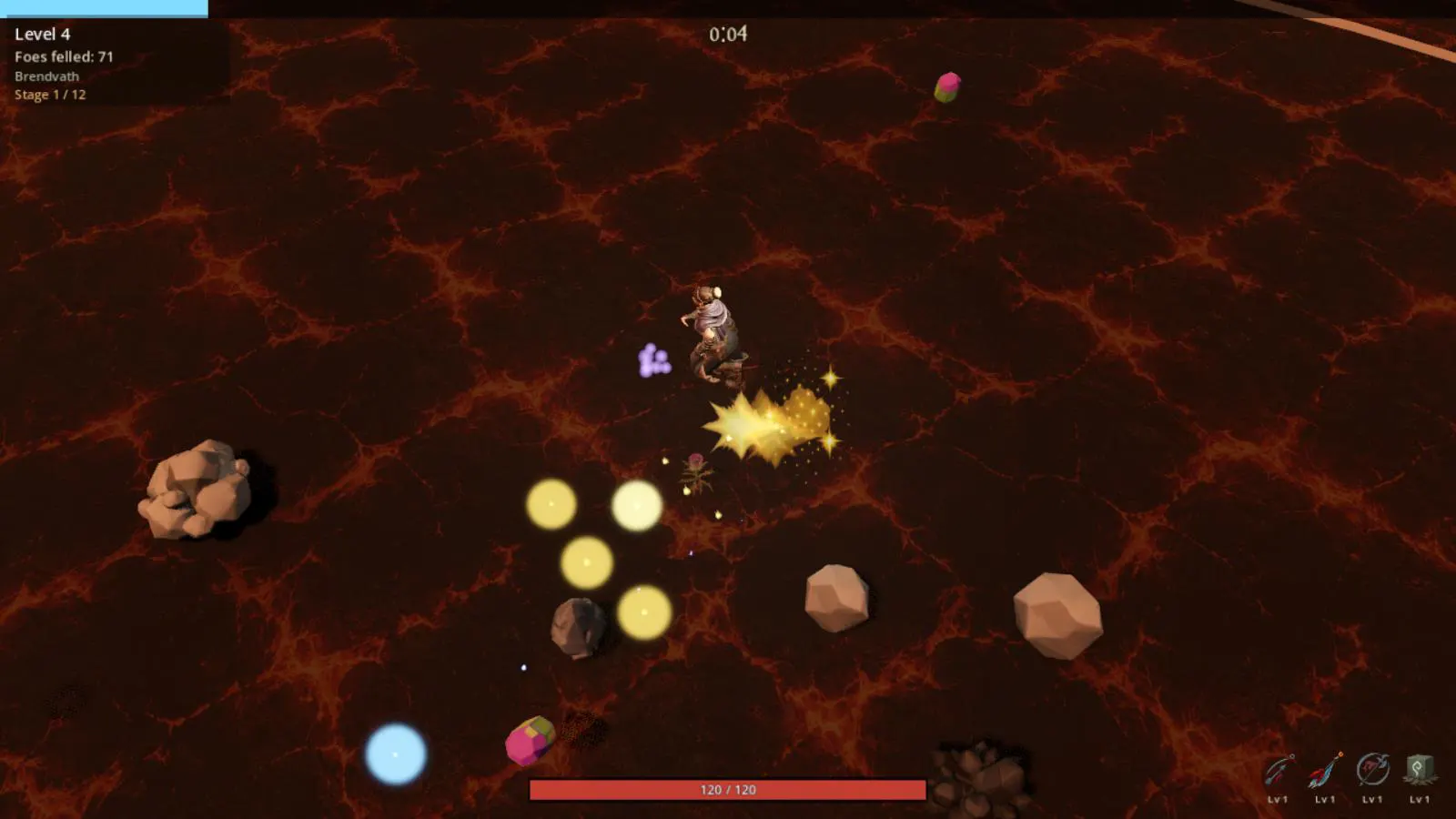Four spell icons, each marked Lv 1, in the lower-right game HUD