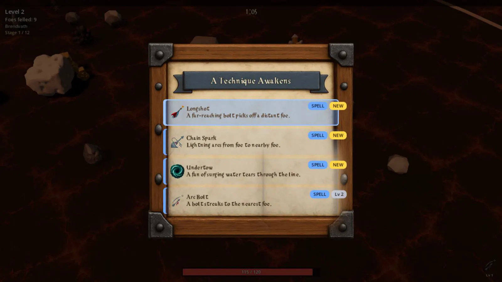 Longshot marked NEW above an Arc Bolt level 2 choice