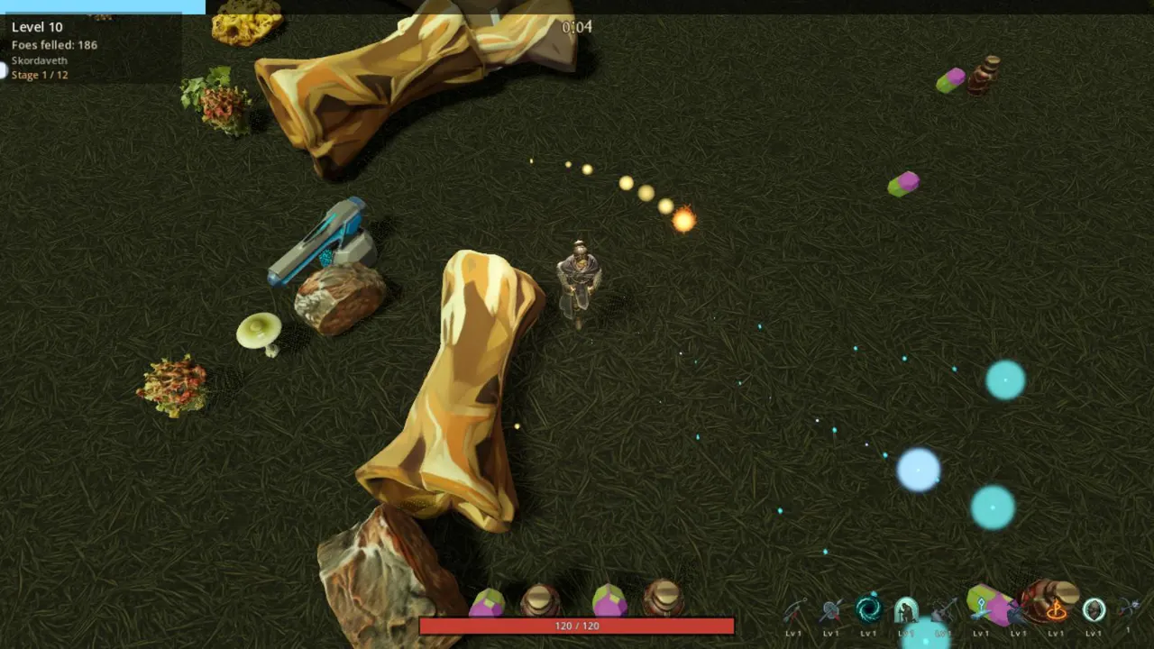 Nine spell icons in the lower-right build bar near the win