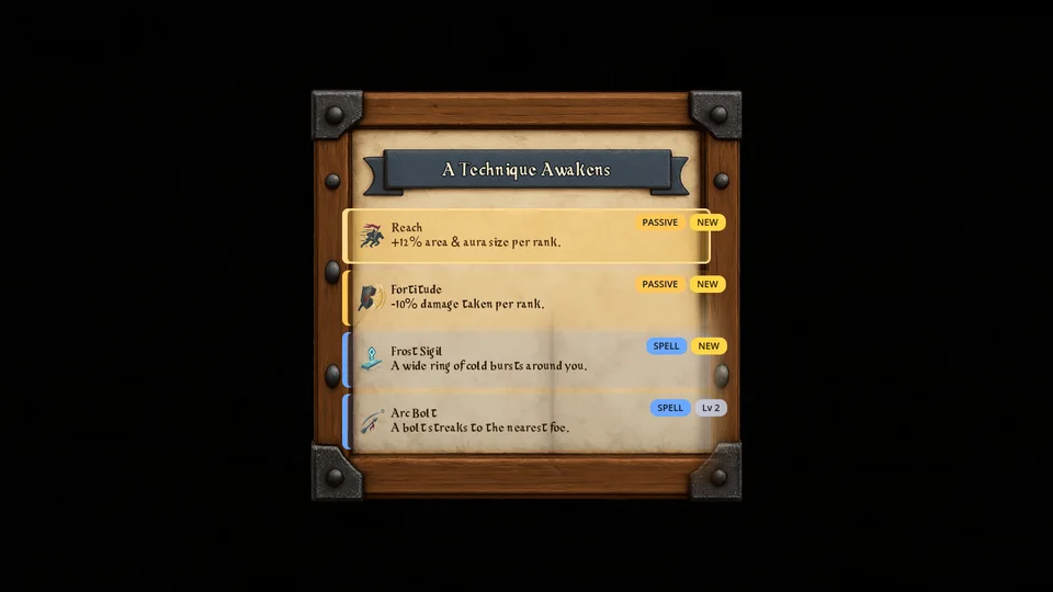 A real level-up card with spell and passive choices