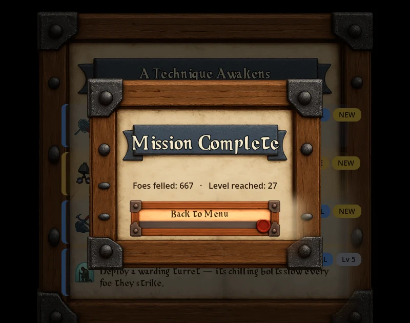 Mission Complete screen showing level reached 27 and 667 foes felled