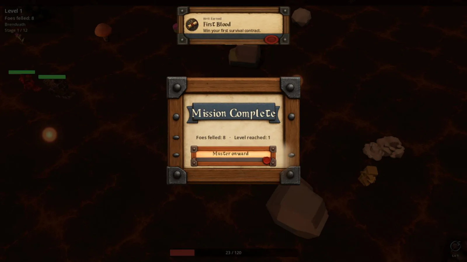 Mission Complete with level reached 1 and eight foes felled