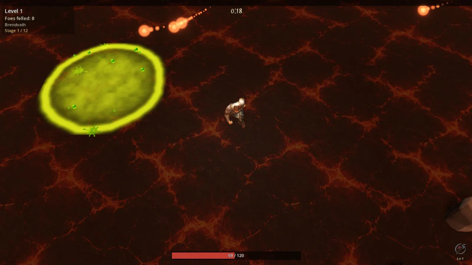 Warden-Soldier on open ground while a green hazard pool and hostile shots remain behind