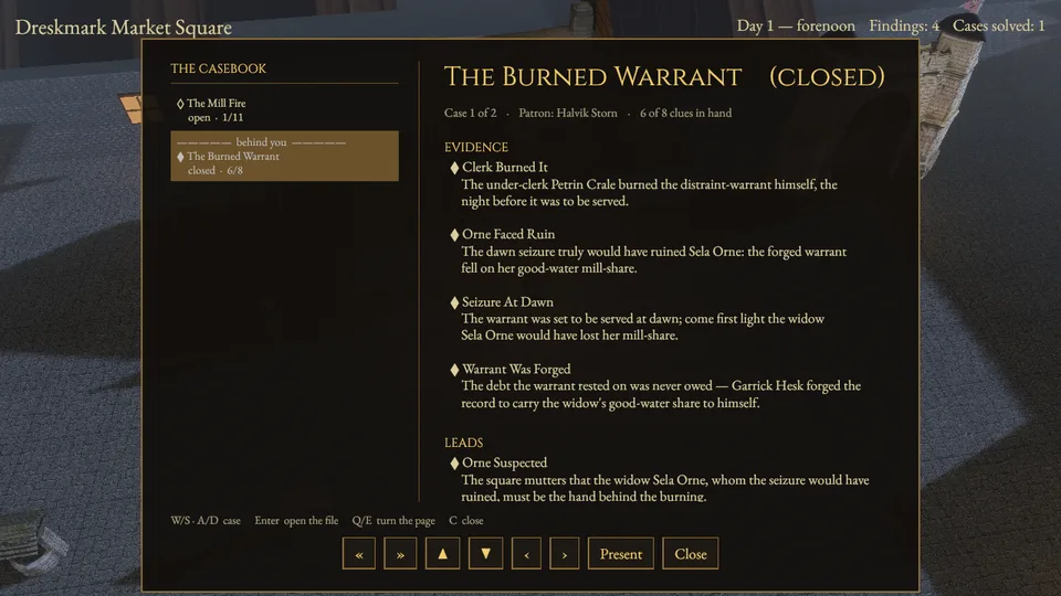 The casebook showing The Burned Warrant closed