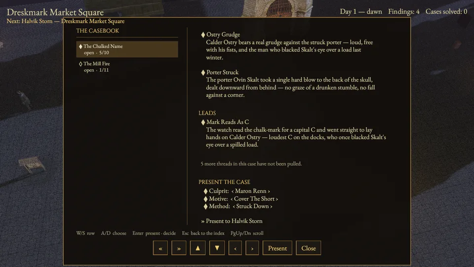 The The Chalked Name case sheet filled in, ready to present to Halvik Storn